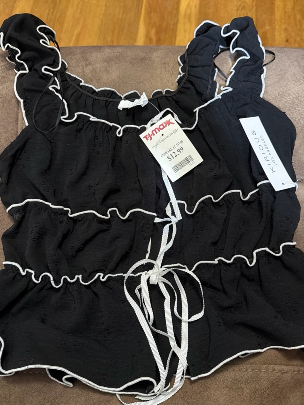 T.J.Maxx Black Ruffle Tie-Front Camisole with White Trim